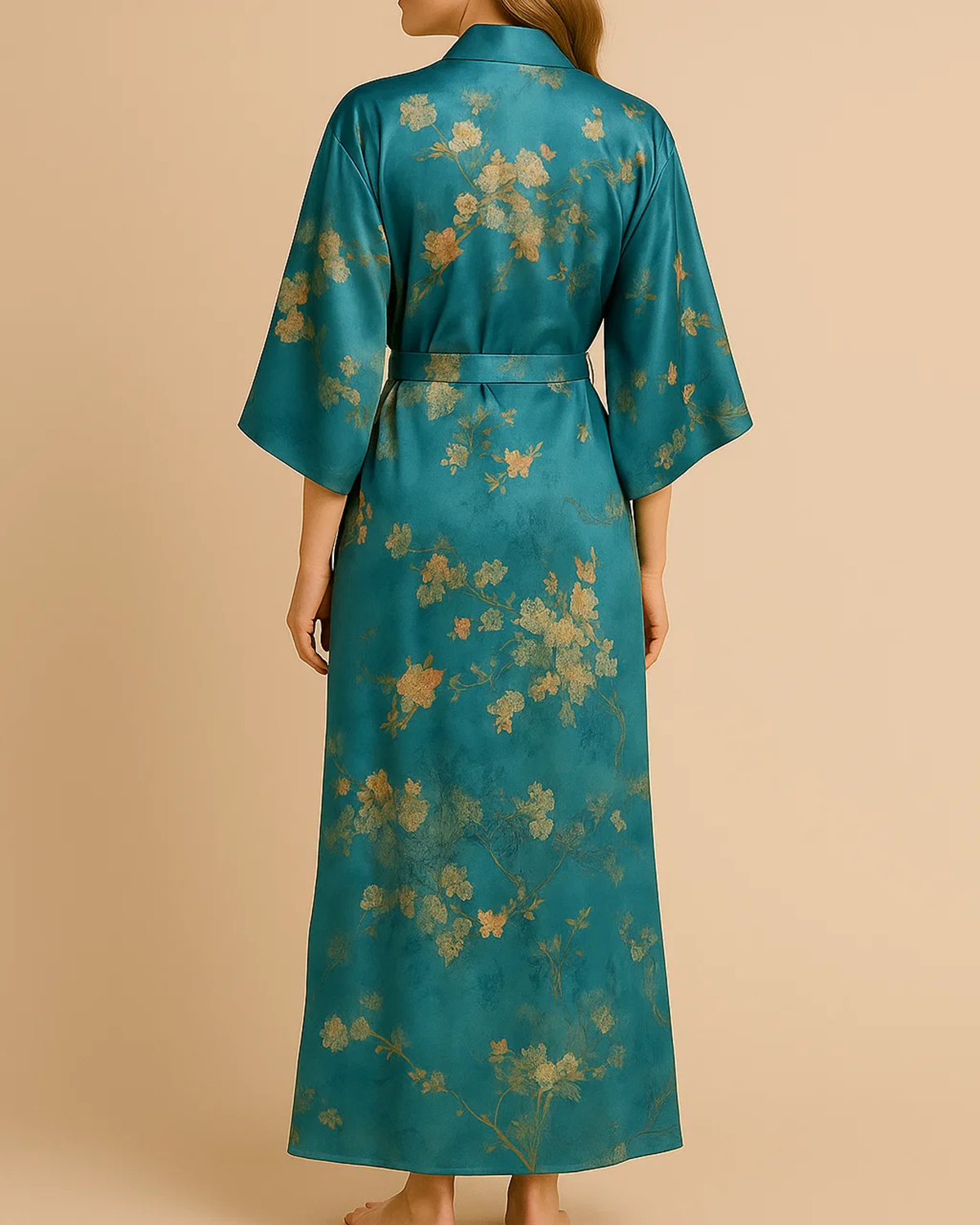 Satin Long Kimono Robe with Floral Print - Japanese Dressing Gown