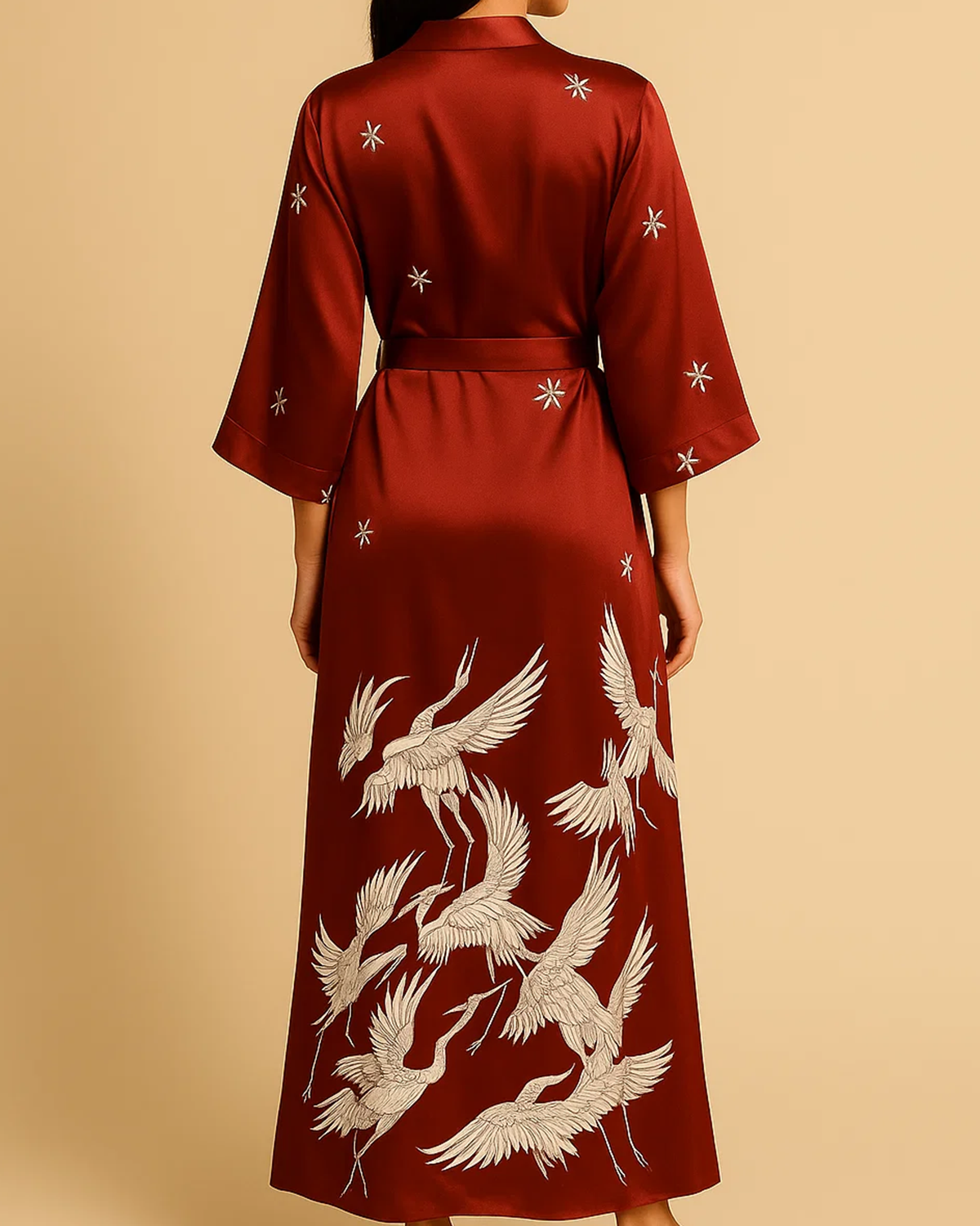 Satin Long Kimono Robe with Floral Print - Japanese Dressing Gown