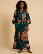 Satin Long Kimono Robe with Floral Print - Japanese Dressing Gown