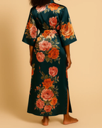 Satin Long Kimono Robe with Floral Print - Japanese Dressing Gown
