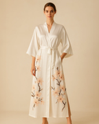 Satin Long Kimono Robe with Floral Print - Japanese Dressing Gown