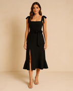 Jasmine Black Tie-Shoulder Midi Dress | Sustainable Formalwear Classic