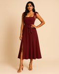 Jasmine Burgundy Midi Dress | Recycled Tie-Shoulder Wedding Guest Look