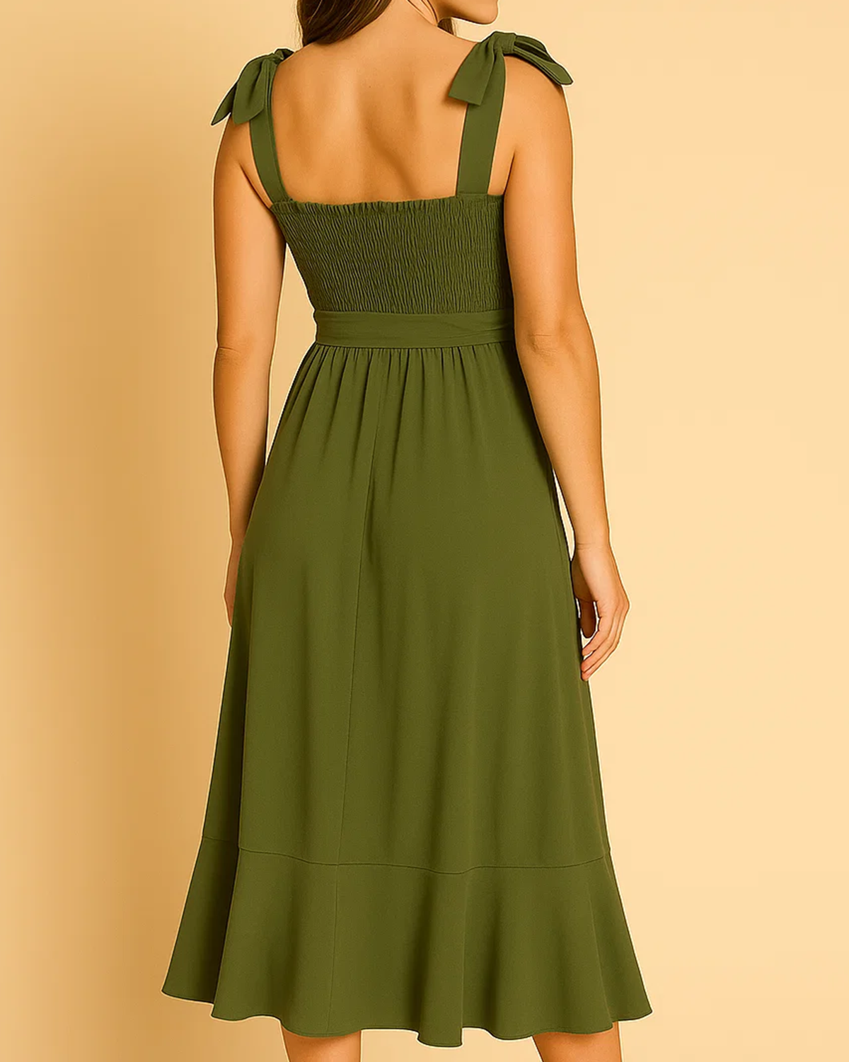 Olive Green Midi Dress | Vegan-Friendly Tea Dress with Ruffle Hem ADKN Olive Green Midi Dress | Vegan-Friendly Tea Dress with Ruffle Hem ADKN