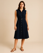Marina Linen Midi Sleeveless Shirt Dress with Belt