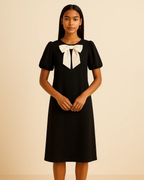 Luna Bow-Tie Shift Dress with Short Puff Sleeves
