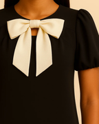 Luna Bow-Tie Shift Dress with Short Puff Sleeves