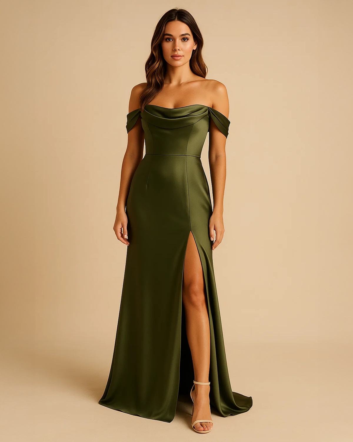 Brittany Olive Green Satin Bardot Long Evening Dress