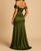 Brittany Olive Green Satin Bardot Long Evening Dress