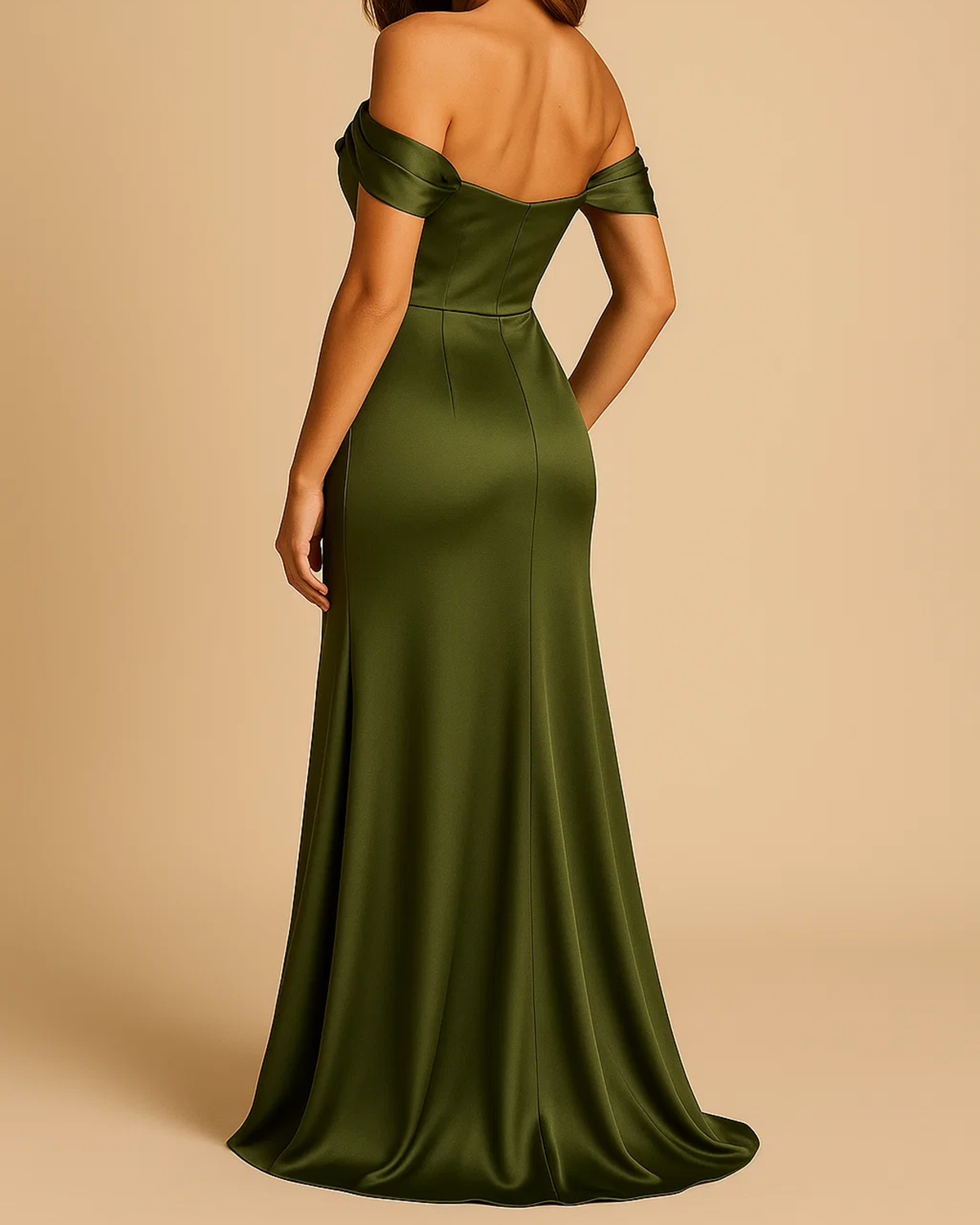 Brittany Olive Green Satin Bardot Long Evening Dress