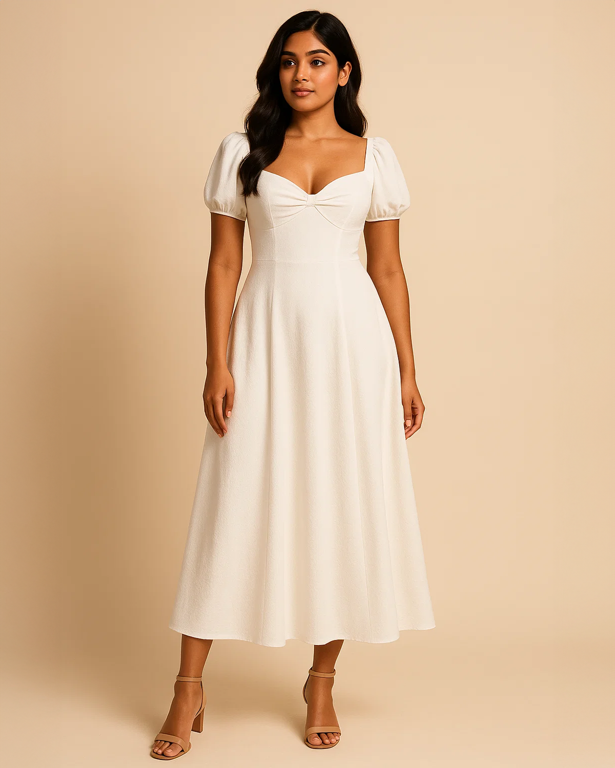 Adeline White Crepe Dress with Puff Sleeves