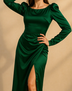 Inara Midi Dress - Satin Long Sleeve Emerald Green Dress