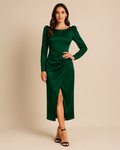 Inara Midi Dress - Satin Long Sleeve Emerald Green Dress