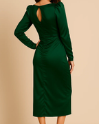 Inara Midi Dress - Satin Long Sleeve Emerald Green Dress