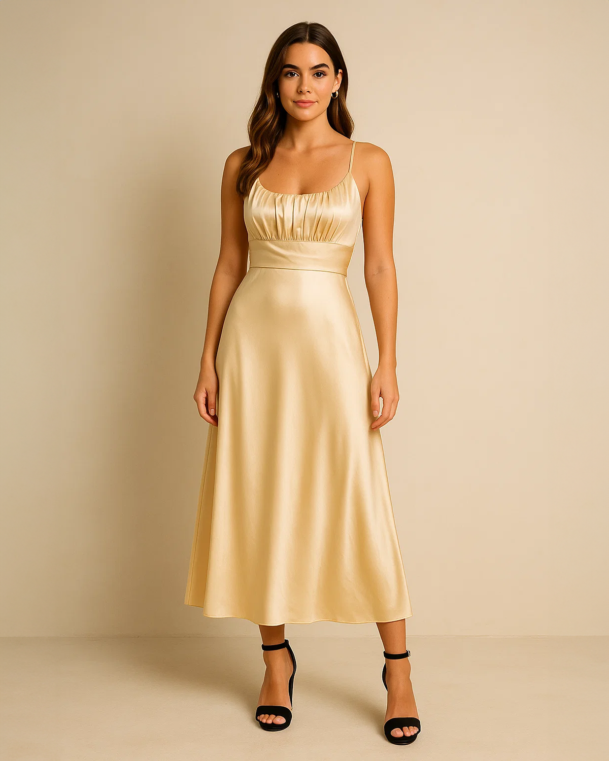 Alaw Silky Gold Champagne Satin Dress - Satin Midi Slip Dress