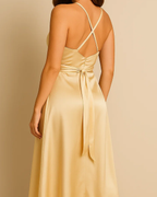 Alaw Silky Gold Champagne Satin Dress - Satin Midi Slip Dress