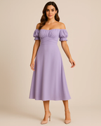 Sophia Lilac Dress - Bardot Midi Dress