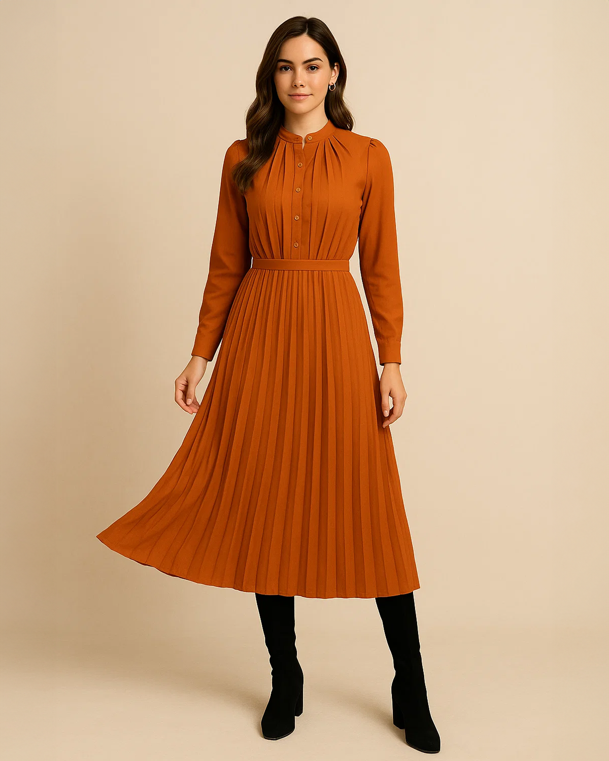 Ania Burnt Orange Maxi Dress with Pleats - Long Sleeve Dress