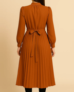 Ania Burnt Orange Maxi Dress with Pleats - Long Sleeve Dress
