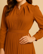 Ania Burnt Orange Maxi Dress with Pleats - Long Sleeve Dress
