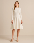 Nora White Midi Dress with Sleeves - White Skater Dress