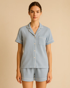 Women's Muslin Crepe Pyjama Shorts Set – Lightweight Cotton-Viscose Button-Up Sleepwear