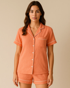 Women's Muslin Crepe Pyjama Shorts Set – Lightweight Cotton-Viscose Button-Up Sleepwear