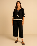 Black Cotton-Bamboo Loungewear Set – Tassel Detail & Fringe Trim