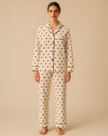 Women’s Heart Print Cotton Pyjama Set – 100% Recycled Muslin Crepe, Button-Down, Classic Sleepwear