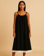 Black Bamboo-Cotton Lounge Dress – Tie Straps & Fringe Hem