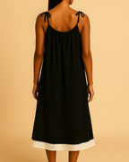 Black Bamboo-Cotton Lounge Dress – Tie Straps & Fringe Hem