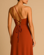 Serena Burnt Orange Dress for Wedding Guest - One Shoulder Asymmetric Maxi Dress
