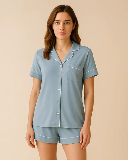 Short Sleeve Bamboo Shorts Pyjama Set – Lapel Button-Up Pyjamas for Summer
