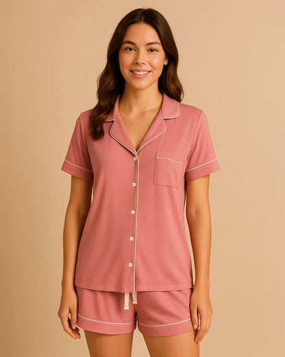Short Sleeve Bamboo Shorts Pyjama Set – Lapel Button-Up Pyjamas for Summer