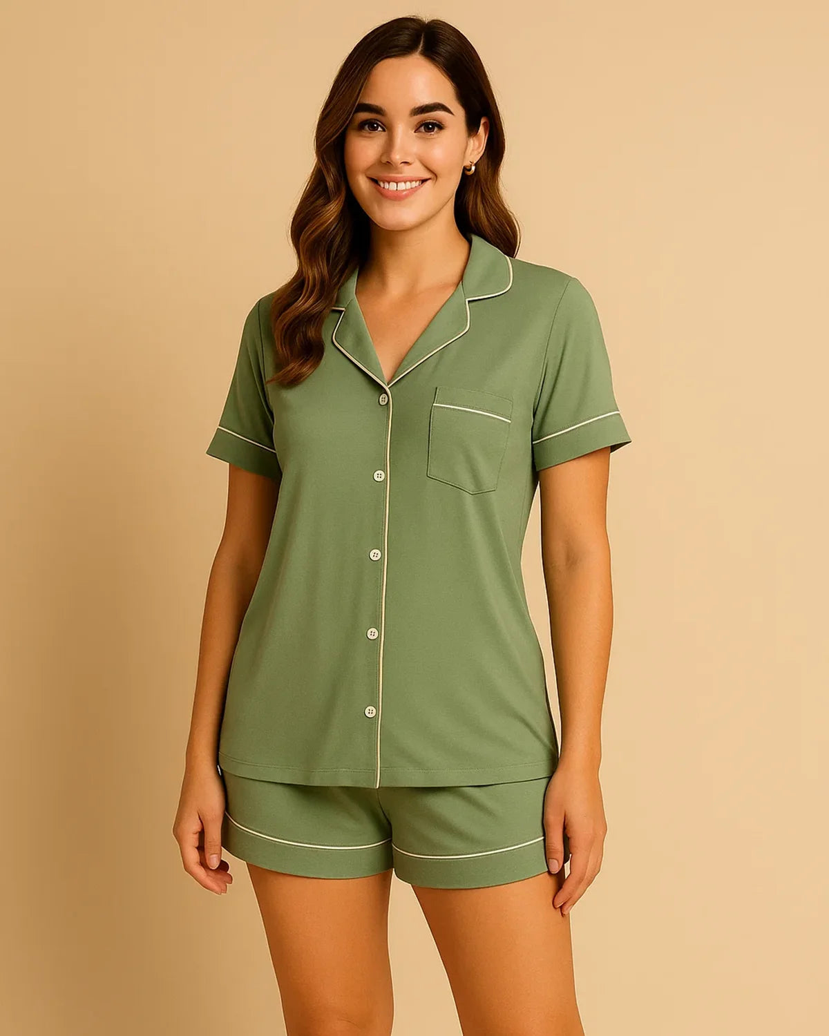 Short Sleeve Bamboo Shorts Pyjama Set – Lapel Button-Up Pyjamas for Summer
