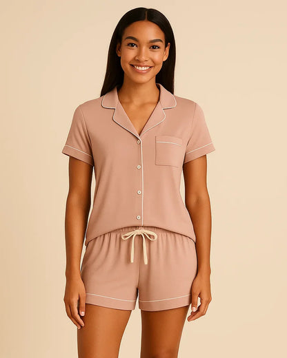 Short Sleeve Bamboo Shorts Pyjama Set – Lapel Button-Up Pyjamas for Summer