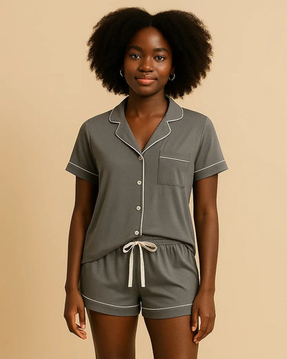 Short Sleeve Bamboo Shorts Pyjama Set – Lapel Button-Up Pyjamas for Summer