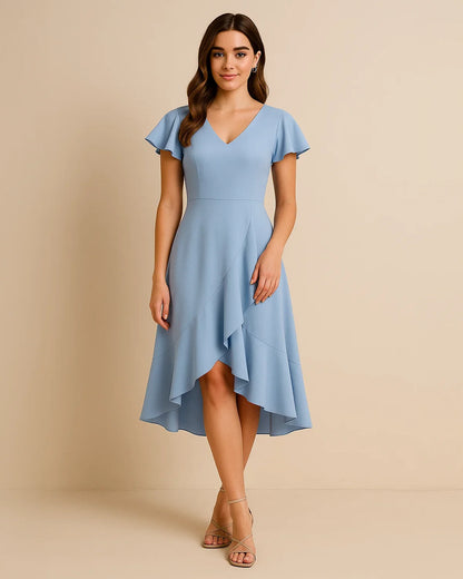 Isla Pastel Blue Midi Dress | Flutter Sleeve Ruffle Hem Dress for Summer