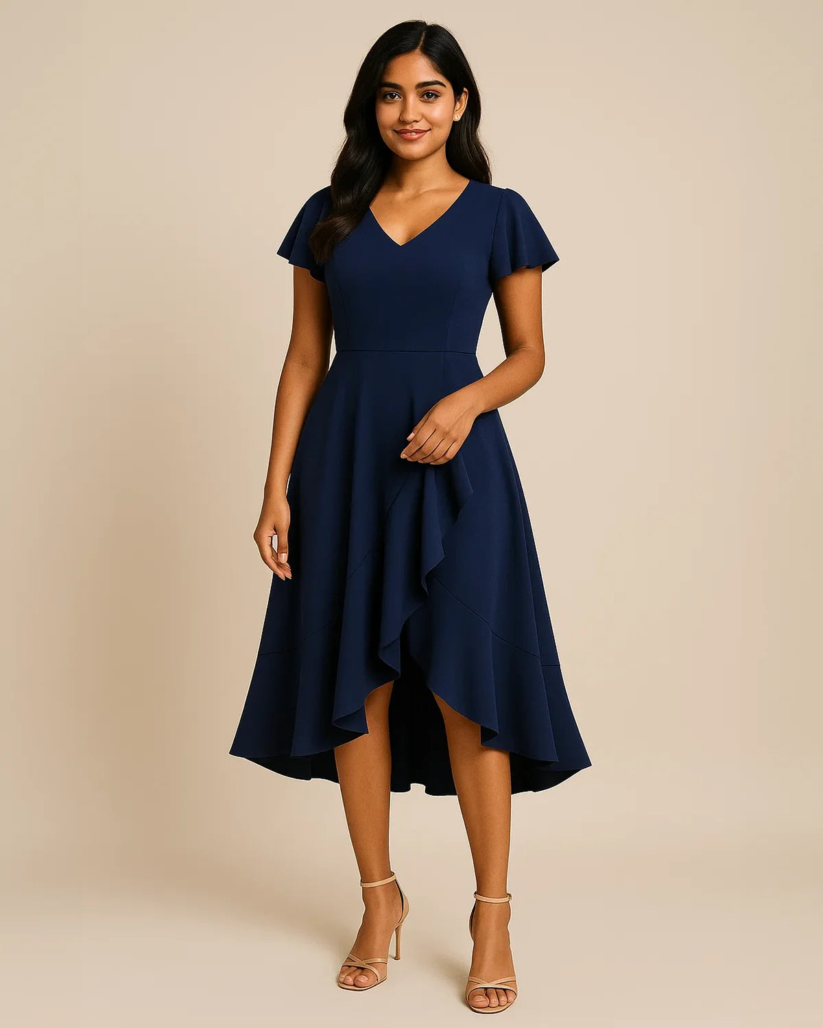 Isla Navy Midi Dress | Elegant Flutter Sleeve Evening Dress