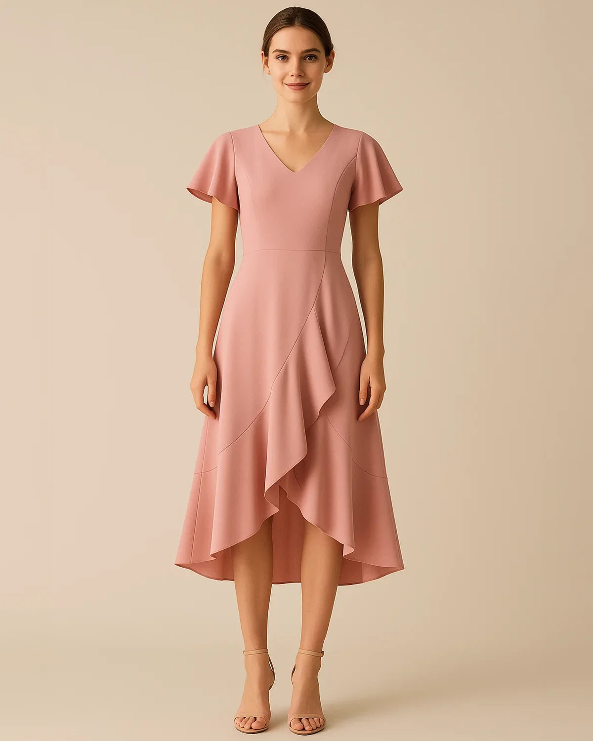 Isla Blush Pink Midi Dress | Flutter Sleeve Wedding Guest Dress