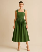 Elise Cotton Midi Dress in Forest Green | Elegant Summer Dress with Pockets