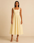 Elise Cotton Midi Dress in Butter Yellow | Chic Tie-Strap Summer Dress