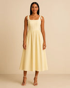 Elise Cotton Midi Dress in Butter Yellow | Chic Tie-Strap Summer Dress