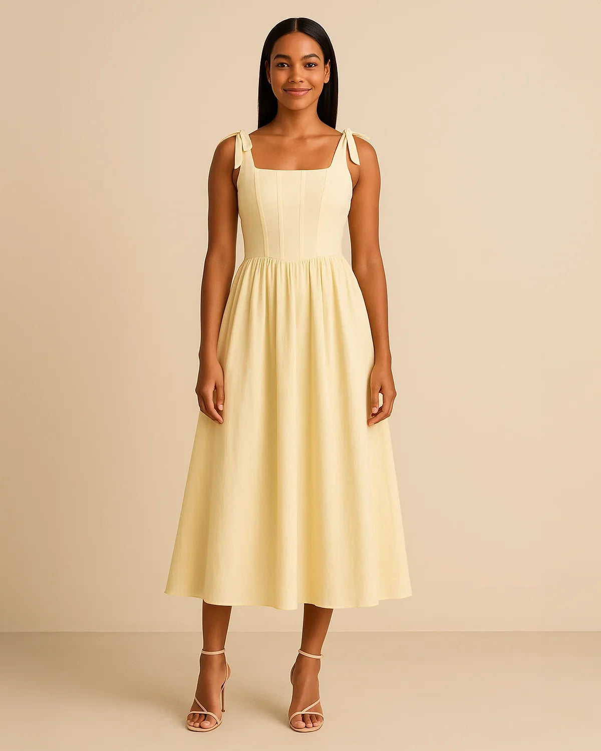 Elise Cotton Midi Dress in Butter Yellow | Chic Tie-Strap Summer Dress
