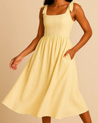 Elise Cotton Midi Dress in Butter Yellow | Chic Tie-Strap Summer Dress