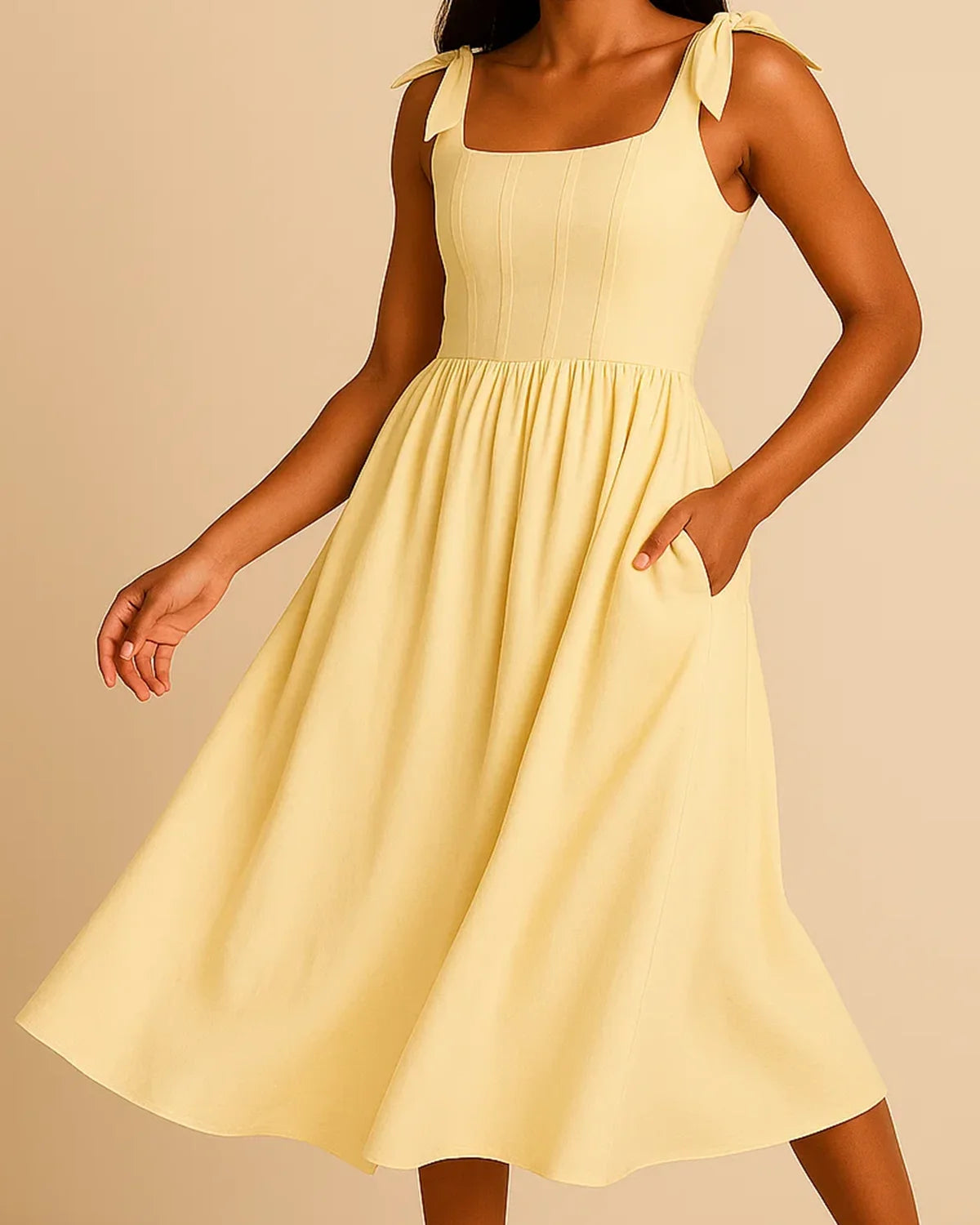 Elise Cotton Midi Dress in Butter Yellow | Chic Tie-Strap Summer Dress