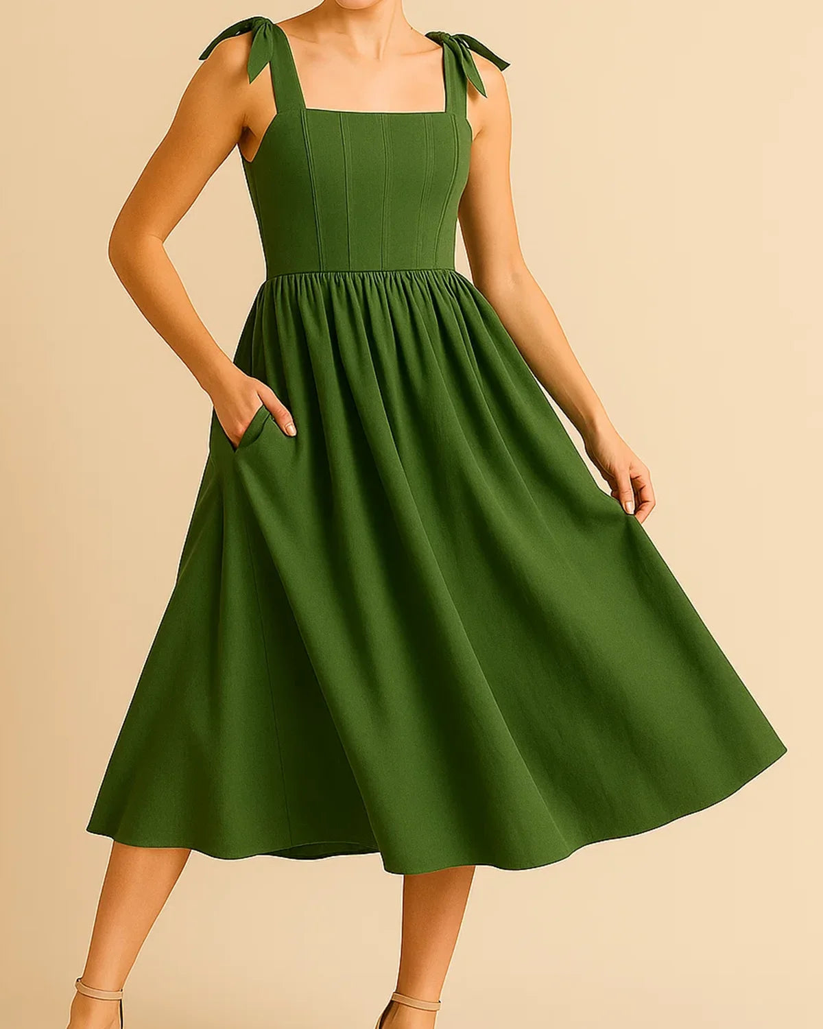 Elise Cotton Midi Dress in Forest Green | Elegant Summer Dress with Pockets