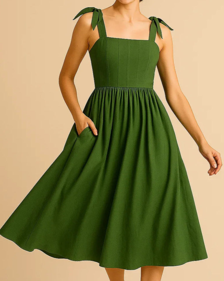 Elise Cotton Midi Dress in Forest Green | Elegant Summer Dress with Pockets