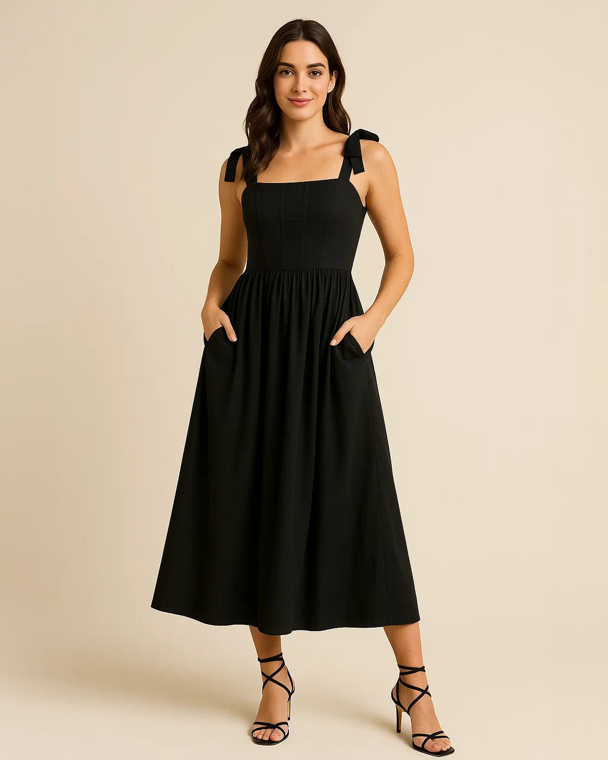 Elise Black Cotton Midi Dress | Smocked Fit & Tie Shoulder Detail