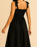 Elise Black Cotton Midi Dress | Smocked Fit & Tie Shoulder Detail